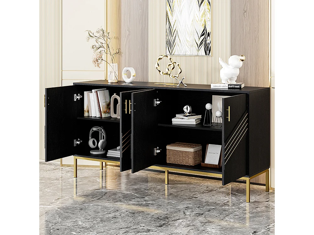 Buffet moderne à 4 portes design élégant en noir et or corps en MDF avec pieds en métal étagères réglables en hauteur