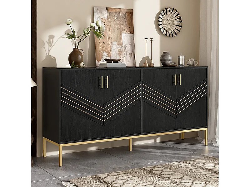 Buffet moderne à 4 portes design élégant en noir et or corps en MDF avec pieds en métal étagères réglables en hauteur
