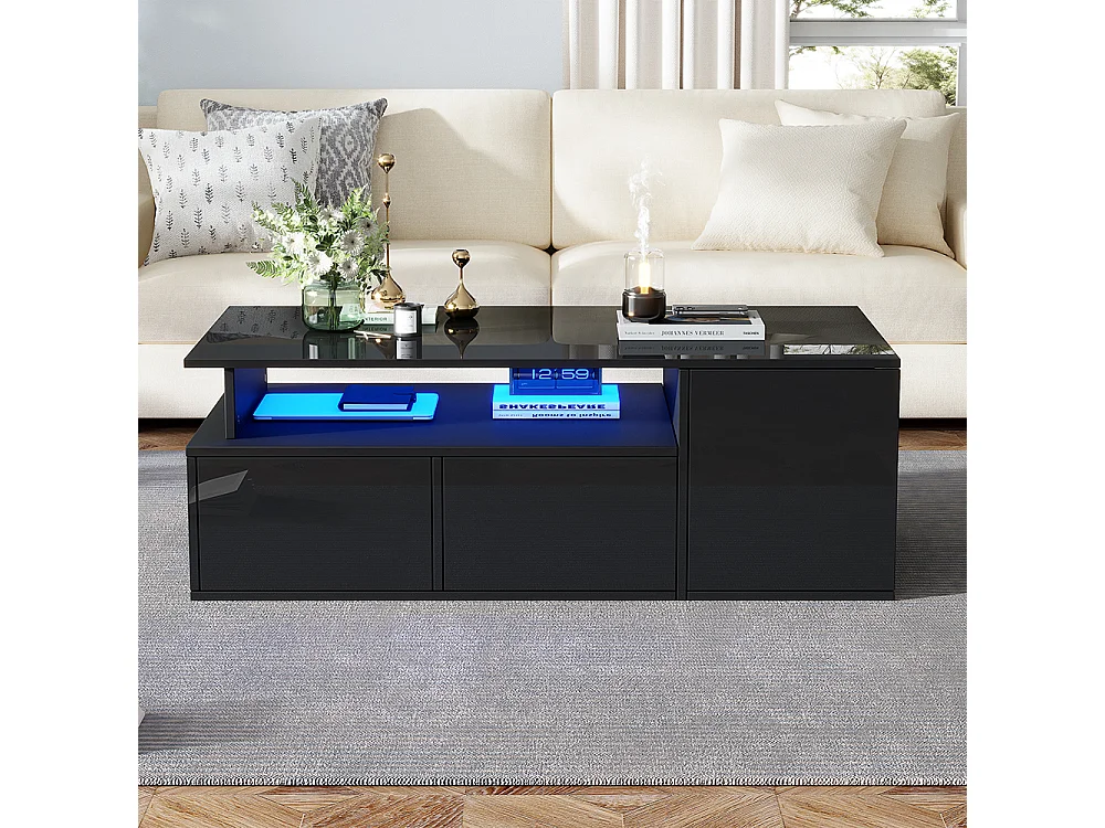 Salontafel 100x50x35 cm zwart LED 2 lades ruime opbergruimte draagvermogen 60 kg