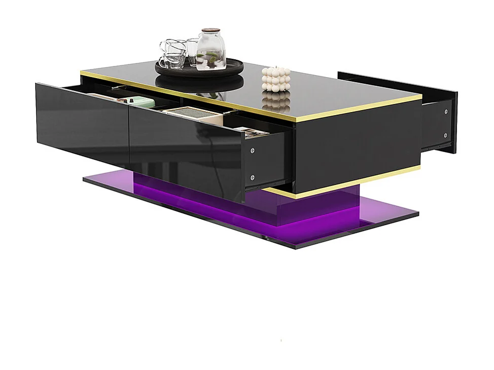 Table basse moderne à LED avec surface brillante ornements dorés trois tiroirs et un compartiment ouvert couleur noir