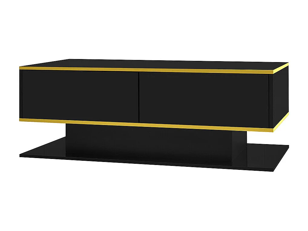 Table basse moderne à LED avec surface brillante ornements dorés trois tiroirs et un compartiment ouvert couleur noir