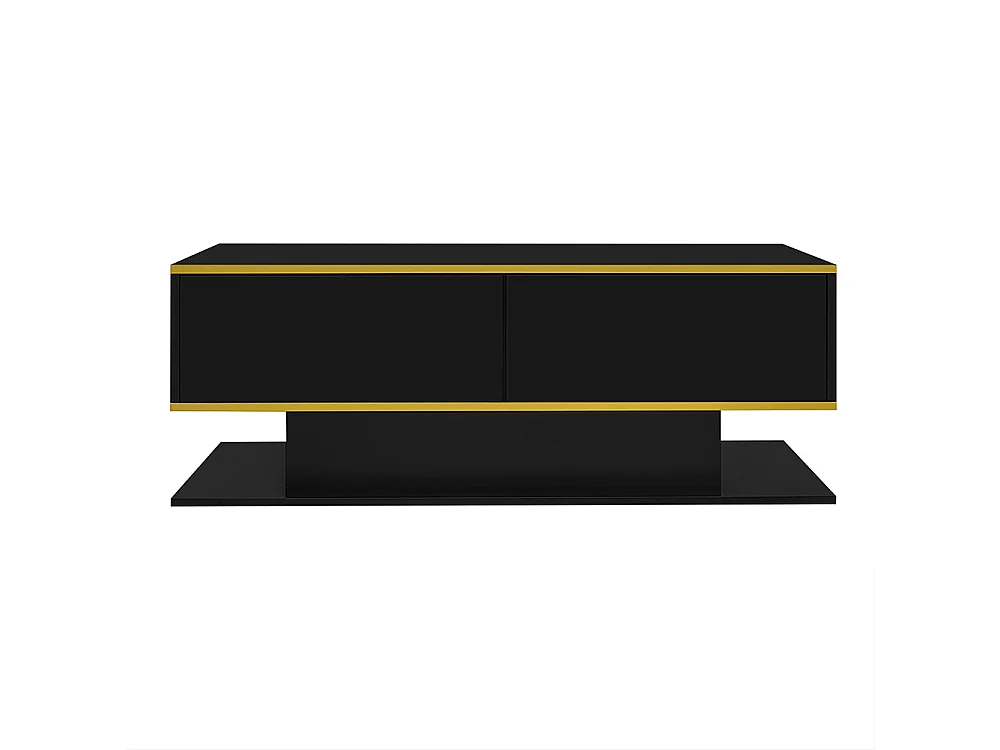 Table basse moderne à LED avec surface brillante ornements dorés trois tiroirs et un compartiment ouvert couleur noir