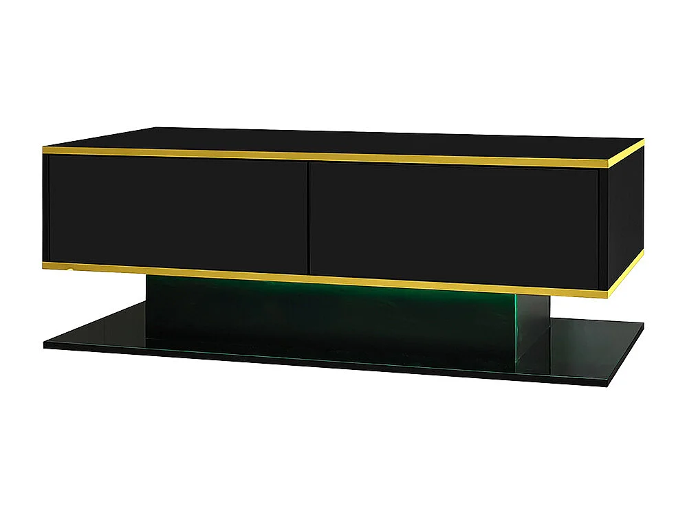 Table basse moderne à LED avec surface brillante ornements dorés trois tiroirs et un compartiment ouvert couleur noir