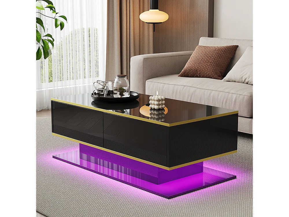 Table basse moderne à LED avec surface brillante ornements dorés trois tiroirs et un compartiment ouvert couleur noir