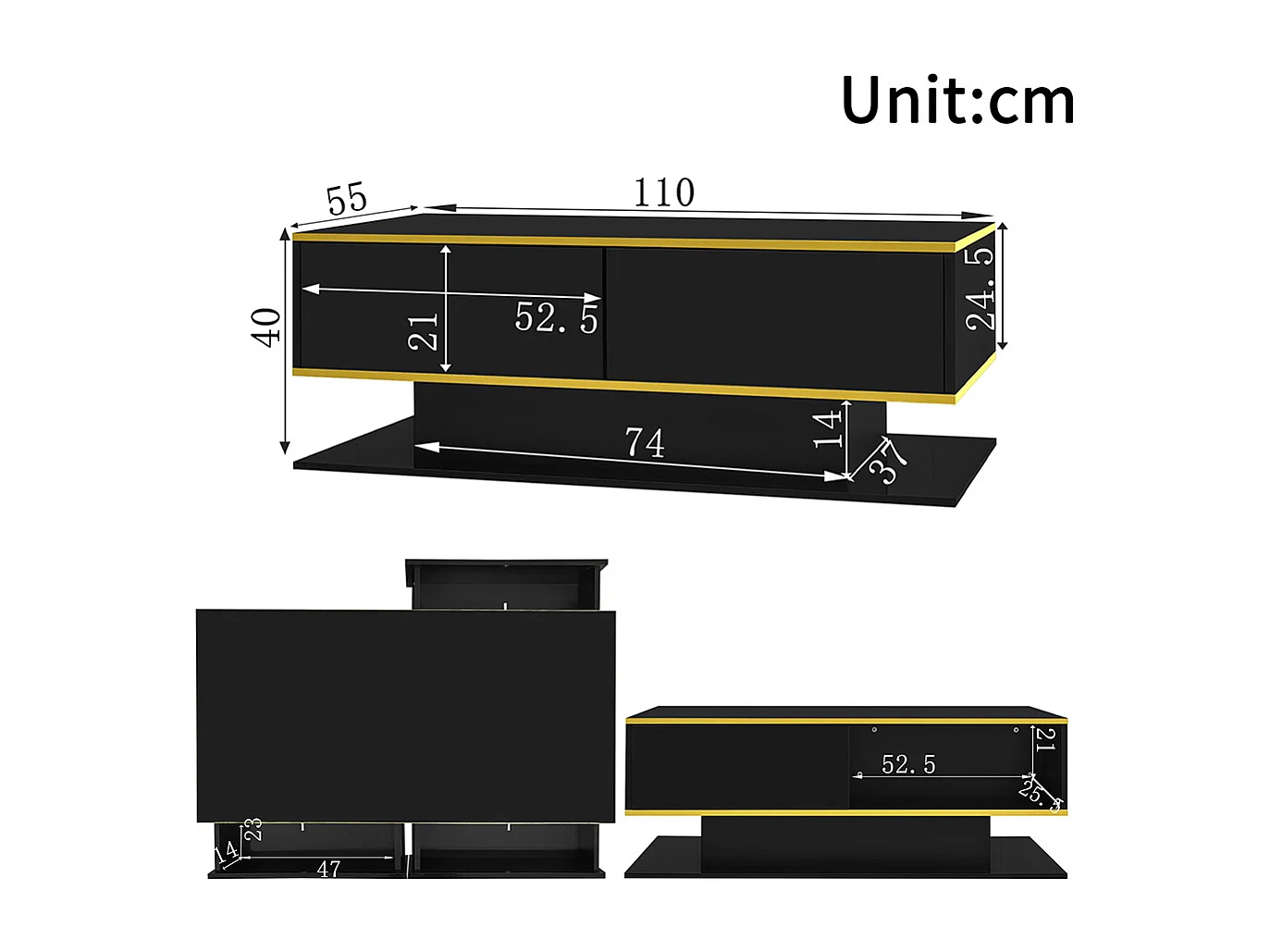 Table basse moderne à LED avec surface brillante ornements dorés trois tiroirs et un compartiment ouvert couleur noir