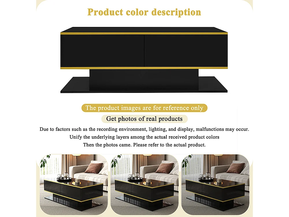 Table basse moderne à LED avec surface brillante ornements dorés trois tiroirs et un compartiment ouvert couleur noir