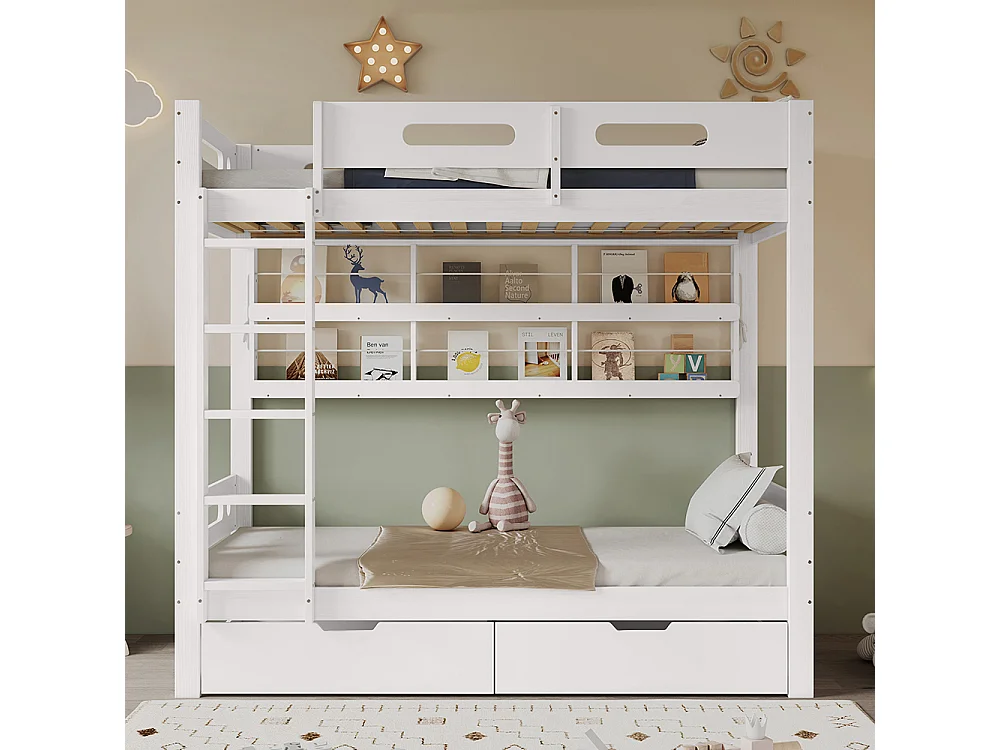 Lit superposé 90x200 enfant barrière 2 tiroirs étagère échelle 5 marches pin blanc
