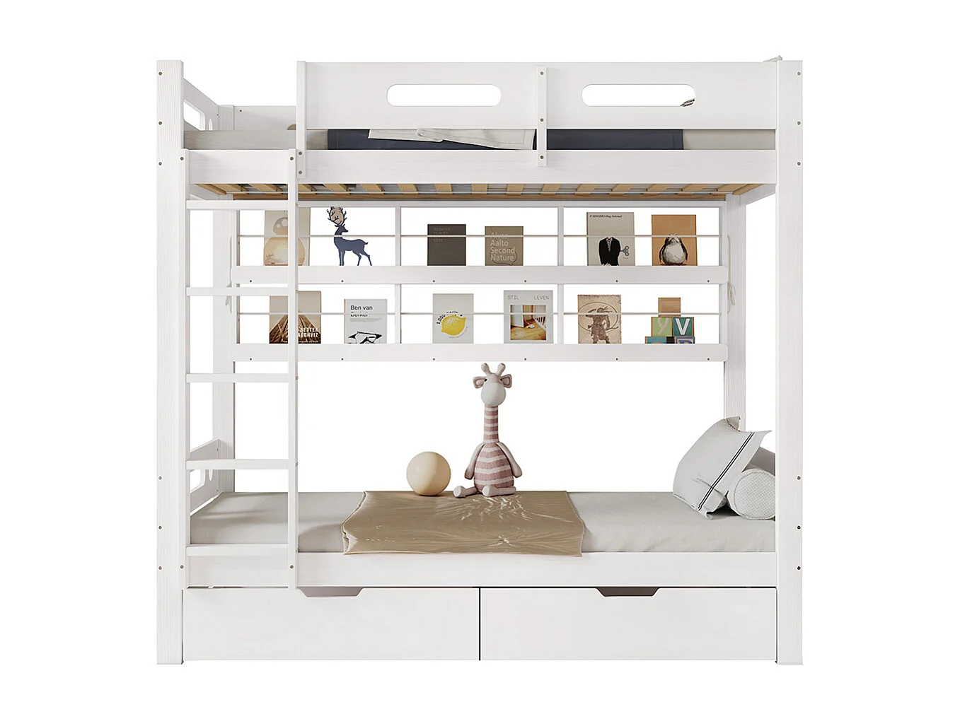 Lit superposé 90x200 enfant barrière 2 tiroirs étagère échelle 5 marches pin blanc