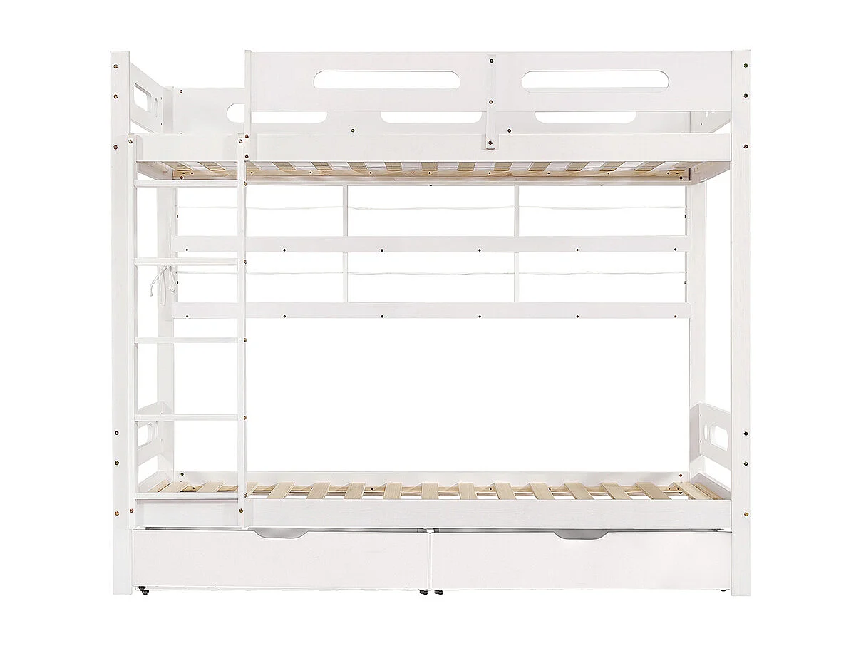 Lit superposé 90x200 enfant barrière 2 tiroirs étagère échelle 5 marches pin blanc