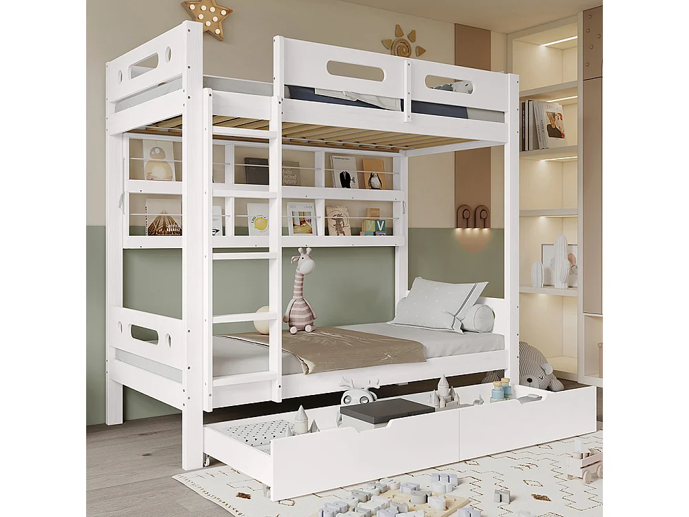 Lit superposé 90x200 enfant barrière 2 tiroirs étagère échelle 5 marches pin blanc