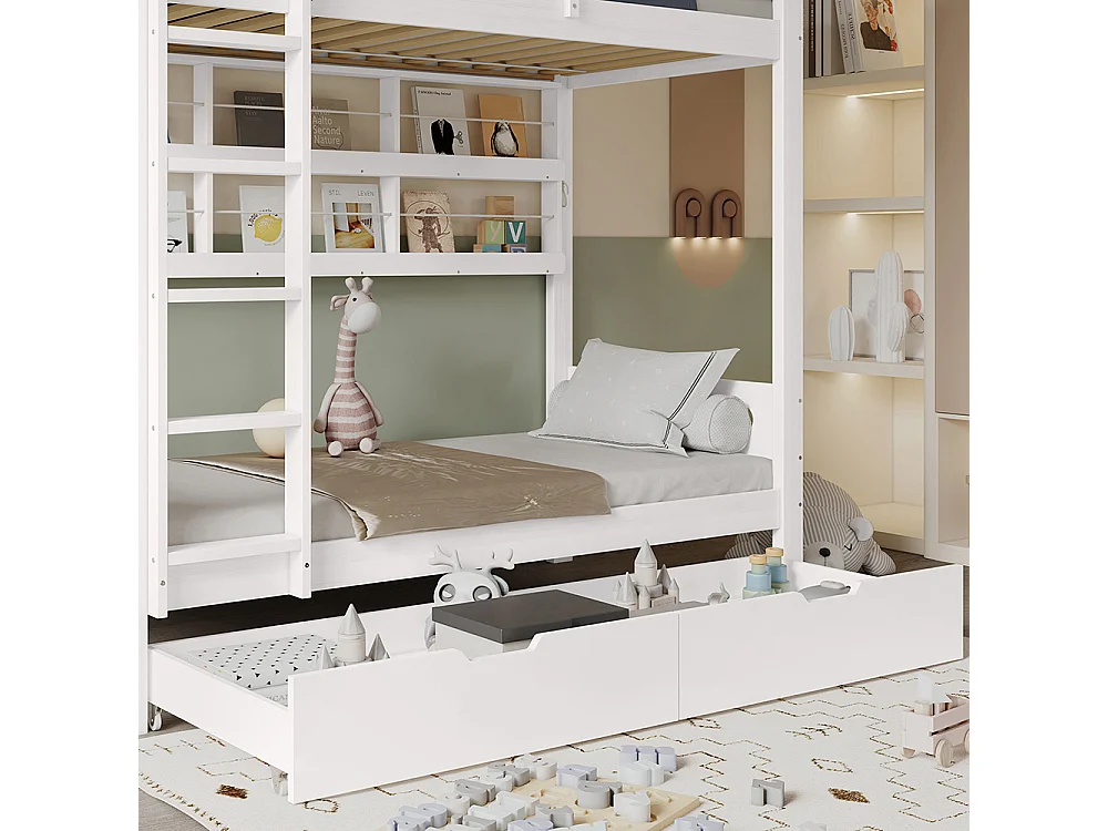 Lit superposé 90x200 enfant barrière 2 tiroirs étagère échelle 5 marches pin blanc