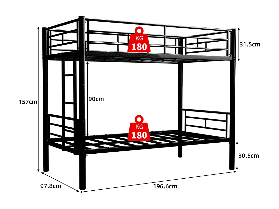 Lit superposé 90x190 métal Twin sur Twin enfants garçons filles convertible 2 lits structure échelle garde-corps noir