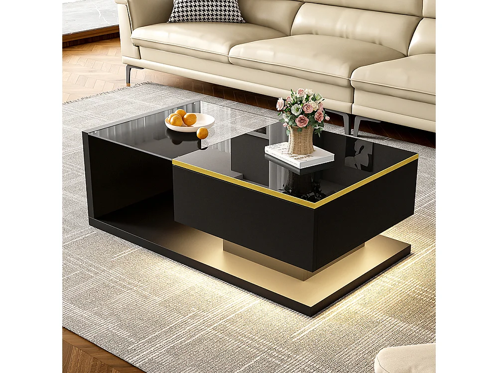 Table basse brillant avec verre et effet LED Tables d'appoint tables basses noir