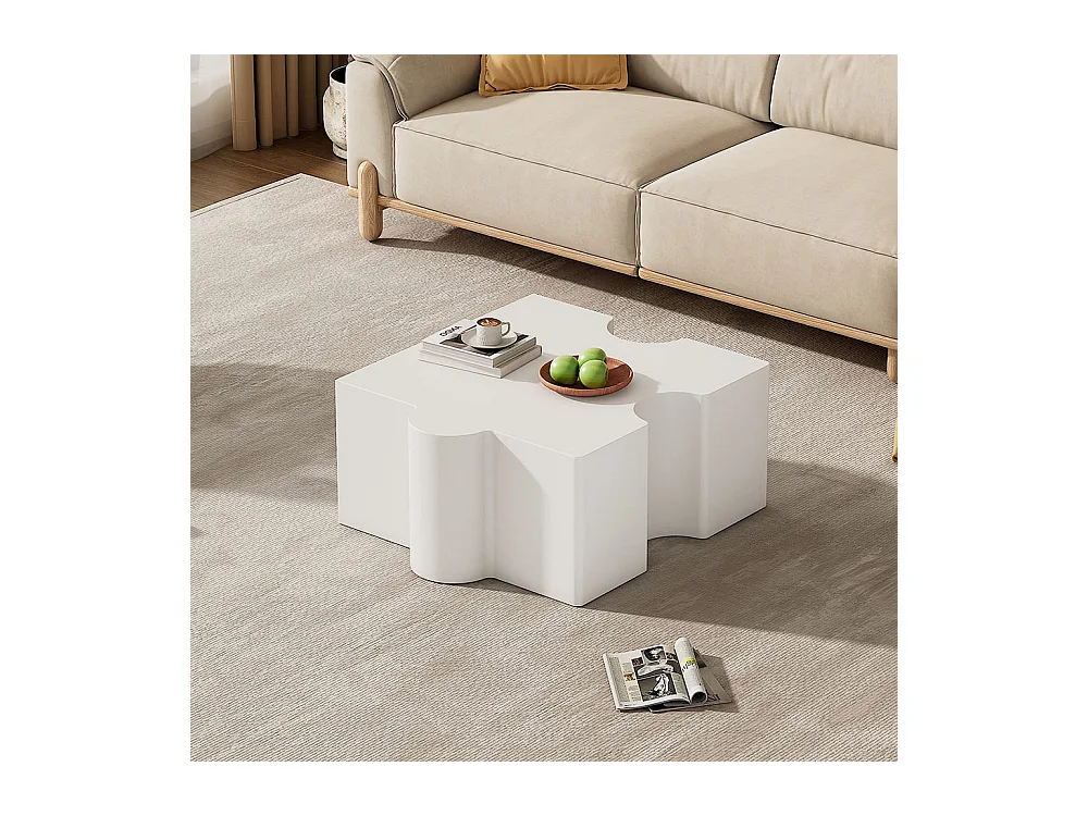 Table basse puzzle 65x65x32 cm blanc froid MDF art abstrait salon