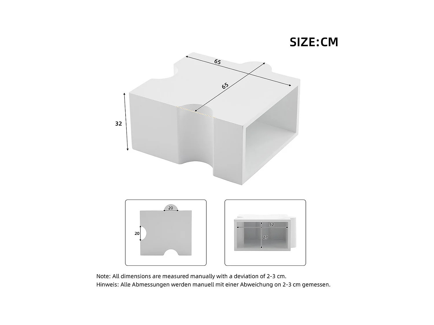 Table basse puzzle 65x65x32 cm blanc froid MDF art abstrait salon