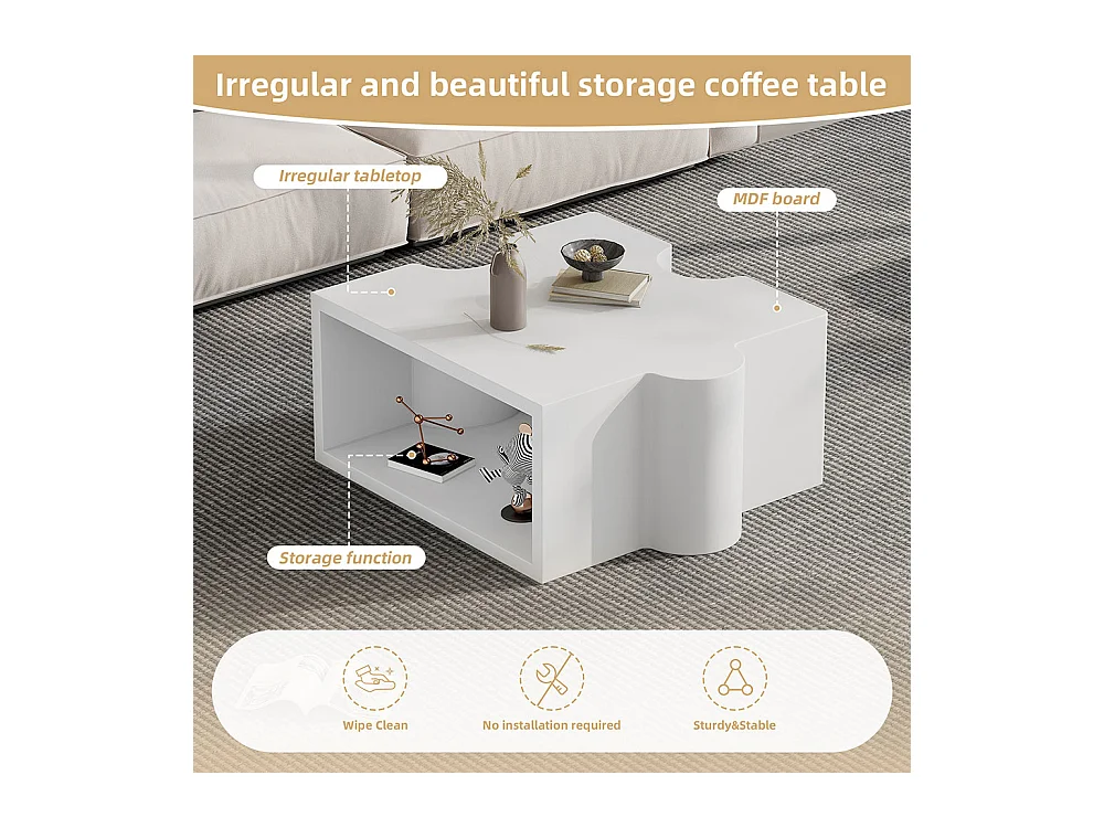 Table basse puzzle 65x65x32 cm blanc froid MDF art abstrait salon