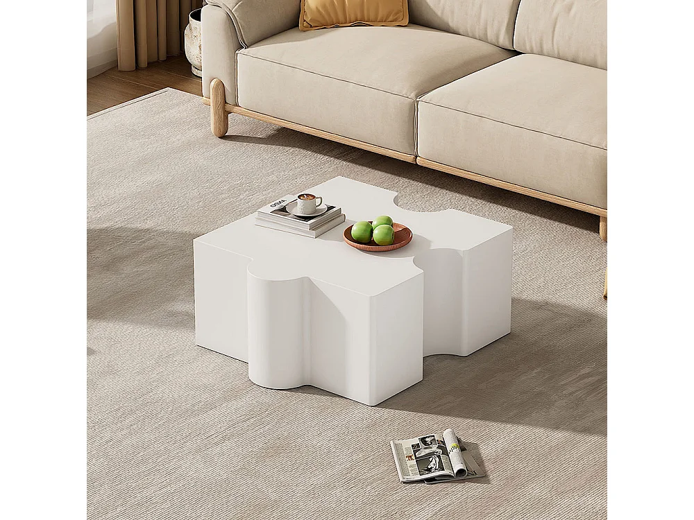 Table basse puzzle 65x65x32 cm blanc froid MDF art abstrait salon