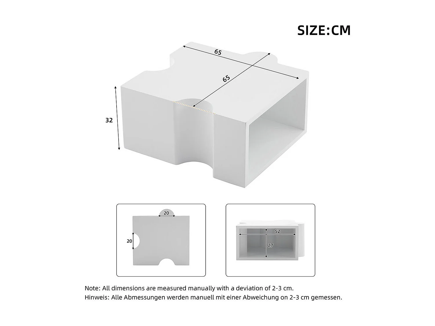 Table basse puzzle 65x65x32 cm blanc froid MDF art abstrait salon