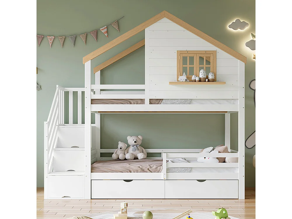 Lit superposé en bois 90x200 escaliers rangement design petite maison fenêtre espace rangement sous lit blanc et naturel