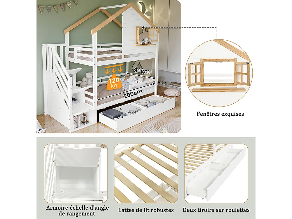 Lit superposé en bois 90x200 escaliers rangement design petite maison fenêtre espace rangement sous lit blanc et naturel