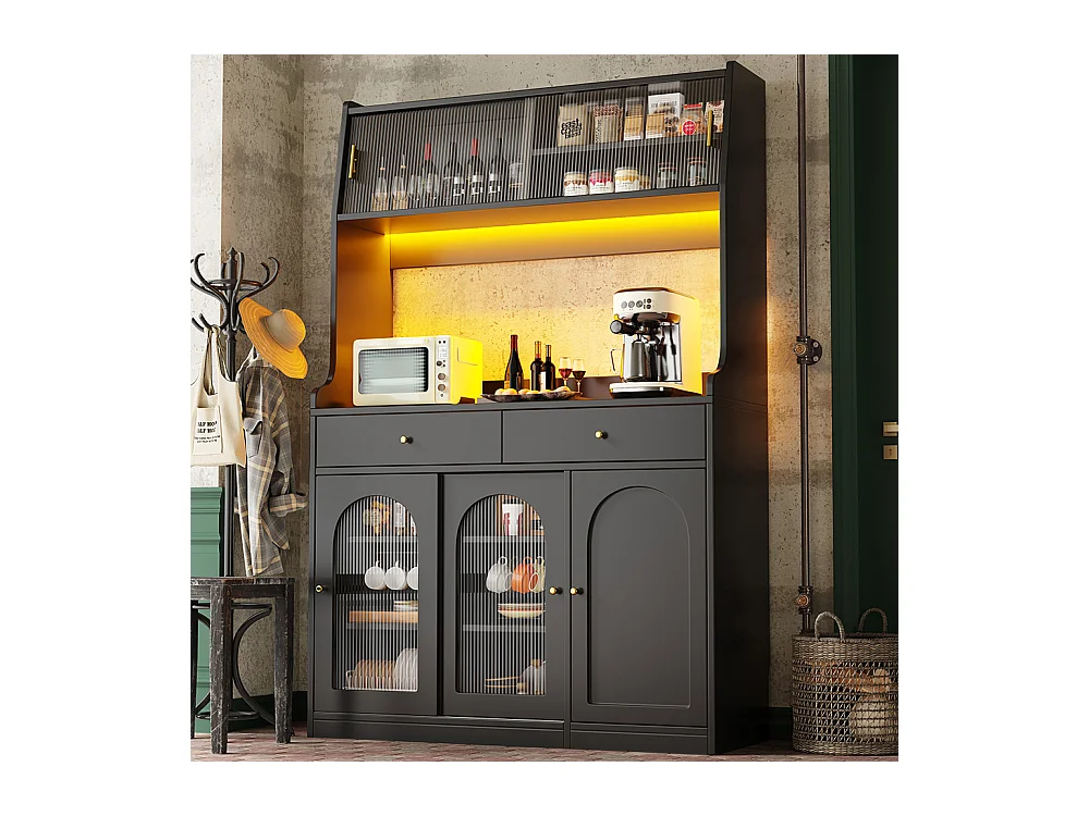 Buffet haut vitrine étagères réglables armoire salle à manger 2 tiroirs éclairage LED couleurs lumière variables noir