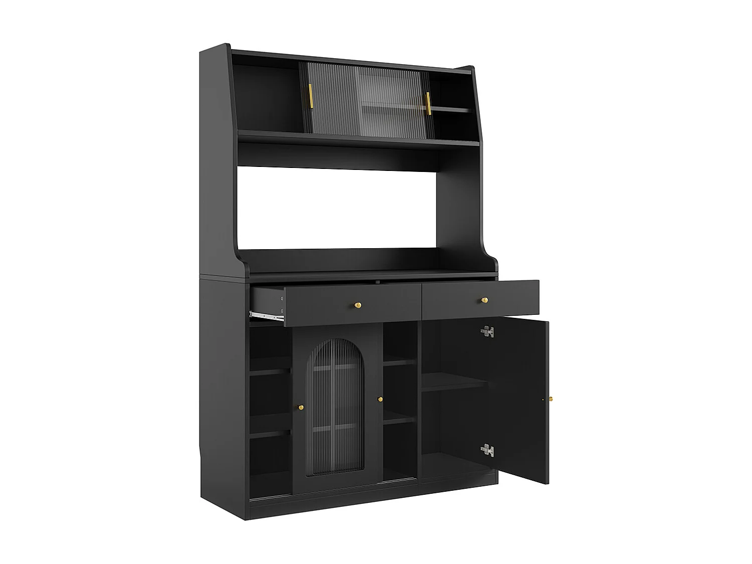 Buffet haut vitrine étagères réglables armoire salle à manger 2 tiroirs éclairage LED couleurs lumière variables noir