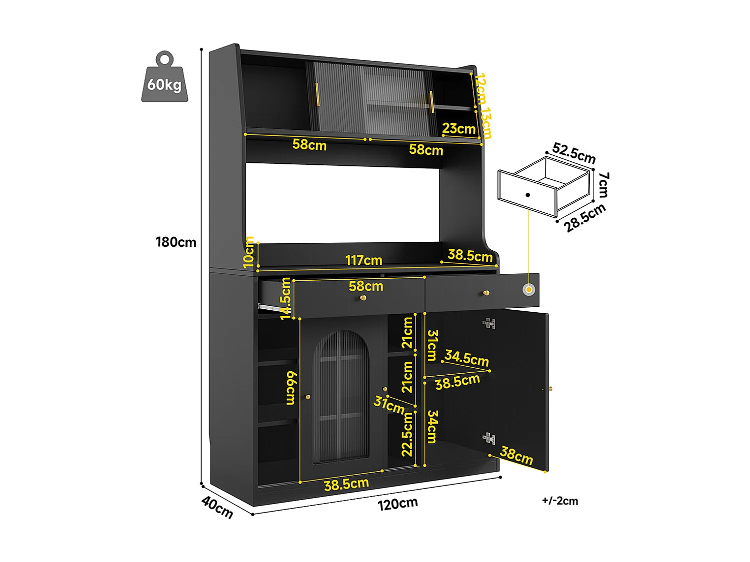 Buffet haut vitrine étagères réglables armoire salle à manger 2 tiroirs éclairage LED couleurs lumière variables noir