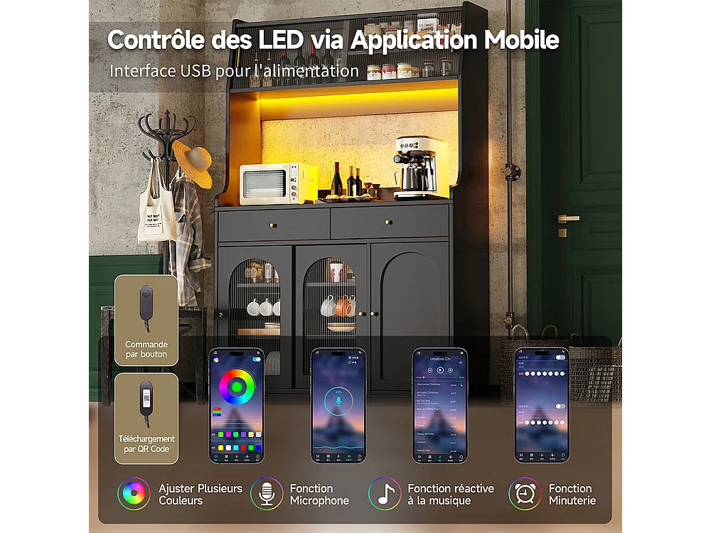 Buffet haut vitrine étagères réglables armoire salle à manger 2 tiroirs éclairage LED couleurs lumière variables noir