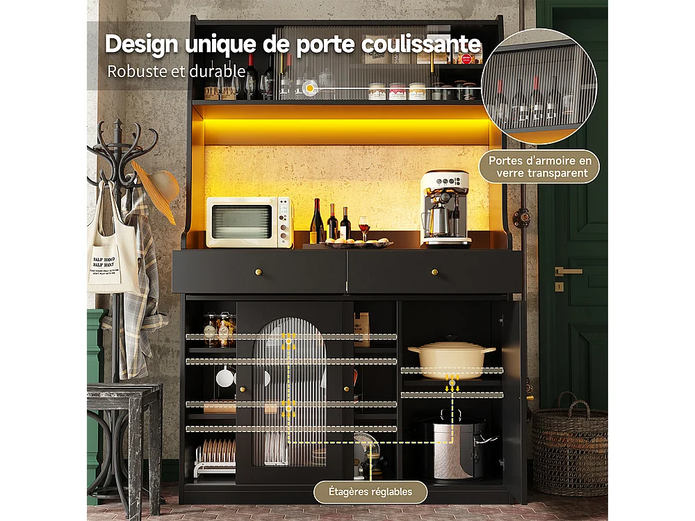Buffet haut vitrine étagères réglables armoire salle à manger 2 tiroirs éclairage LED couleurs lumière variables noir