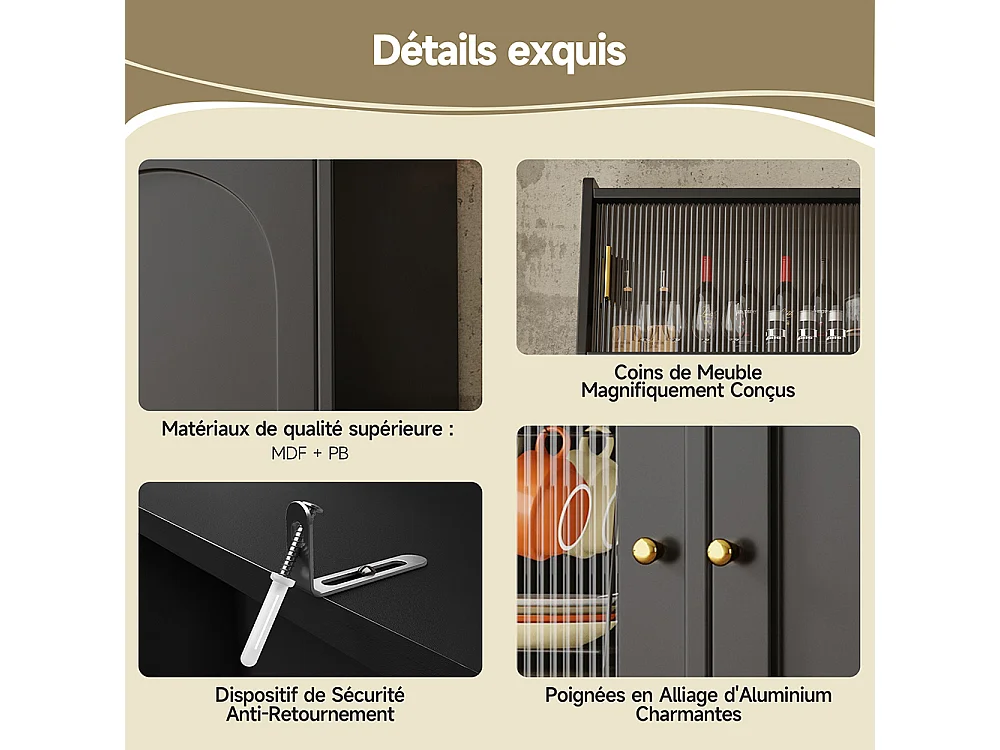 Buffet haut vitrine étagères réglables armoire salle à manger 2 tiroirs éclairage LED couleurs lumière variables noir