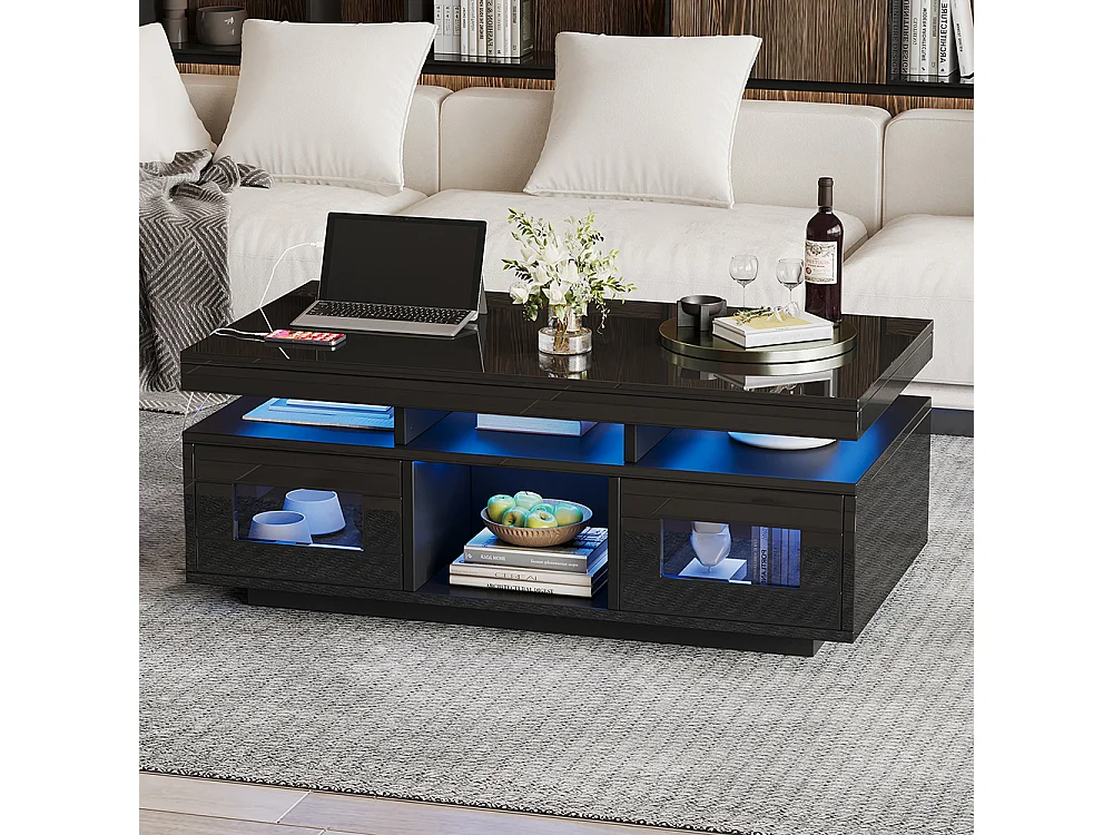 Salontafel 100x50x43 cm zwart LED mobiele app kast oplaadpunt stopcontact