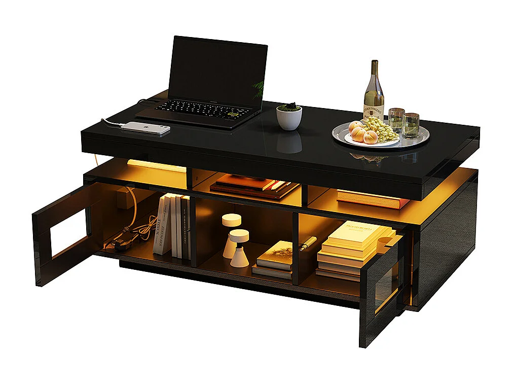 Salontafel 100x50x43 cm zwart LED mobiele app kast oplaadpunt stopcontact