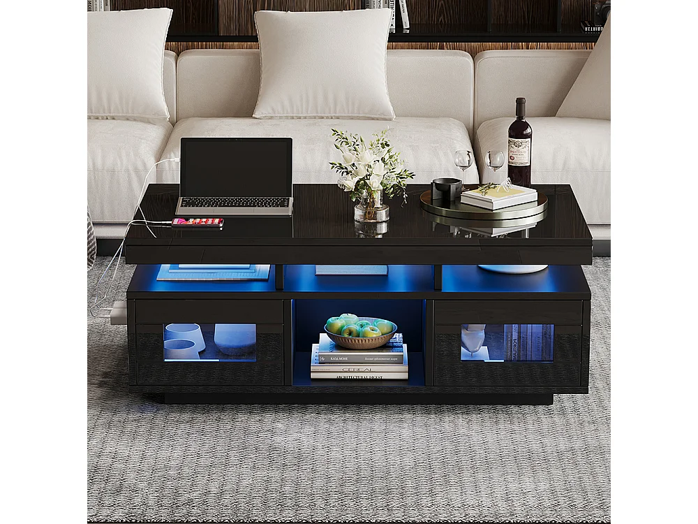 Salontafel 100x50x43 cm zwart LED mobiele app kast oplaadpunt stopcontact