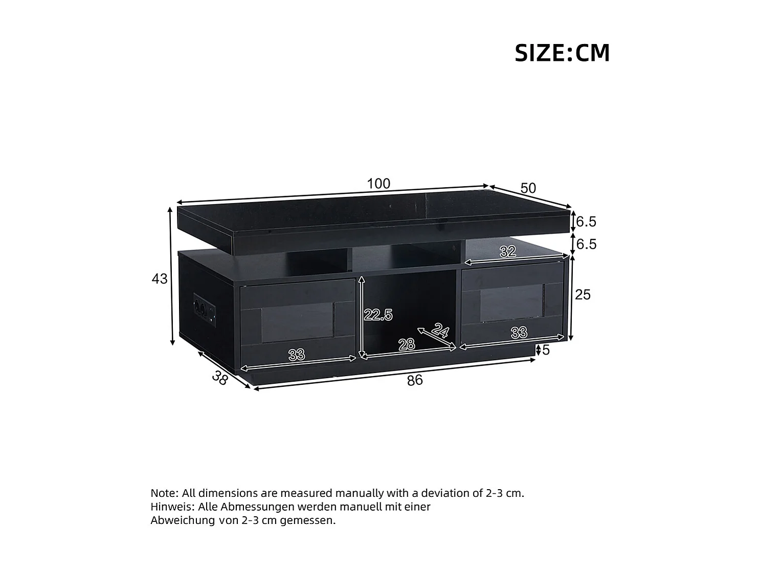 Salontafel 100x50x43 cm zwart LED mobiele app kast oplaadpunt stopcontact