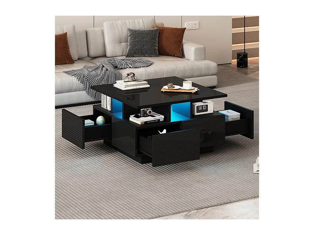 Table basse 70x70x40 cm noir brillante LED 4 tiroirs design géométrique charge 30 kg