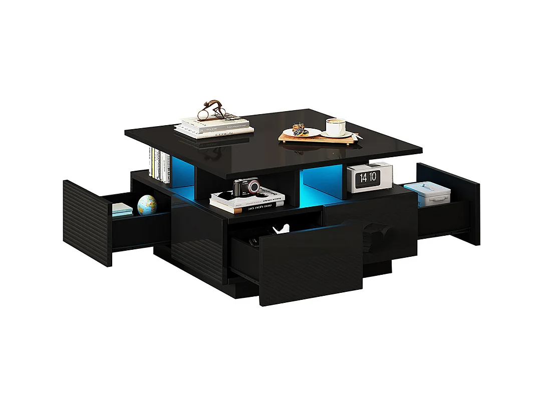 Table basse 70x70x40 cm noir brillante LED 4 tiroirs design géométrique charge 30 kg