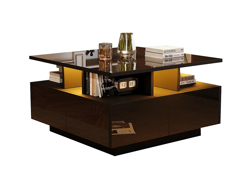 Table basse 70x70x40 cm noir brillante LED 4 tiroirs design géométrique charge 30 kg