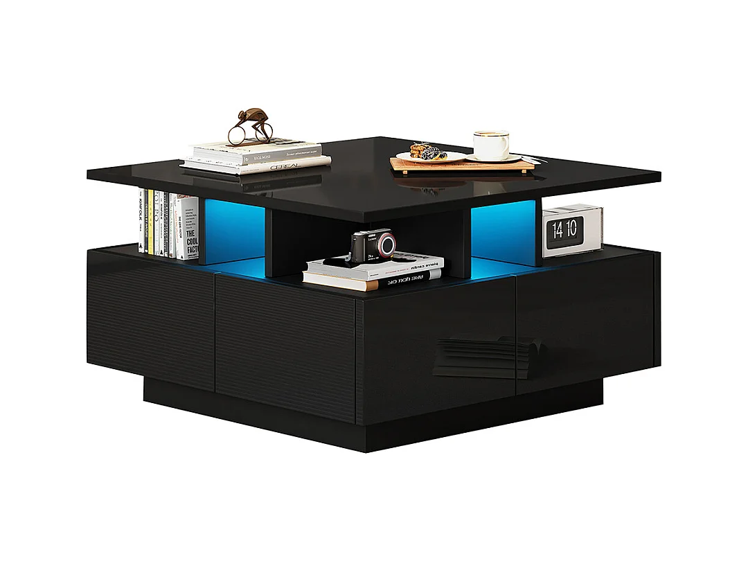 Table basse 70x70x40 cm noir brillante LED 4 tiroirs design géométrique charge 30 kg