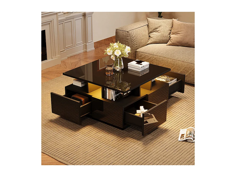 Table basse 70x70x40 cm noir brillante LED 4 tiroirs design géométrique charge 30 kg