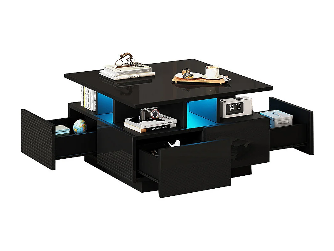 Table basse 70x70x40 cm noir brillante LED 4 tiroirs design géométrique charge 30 kg