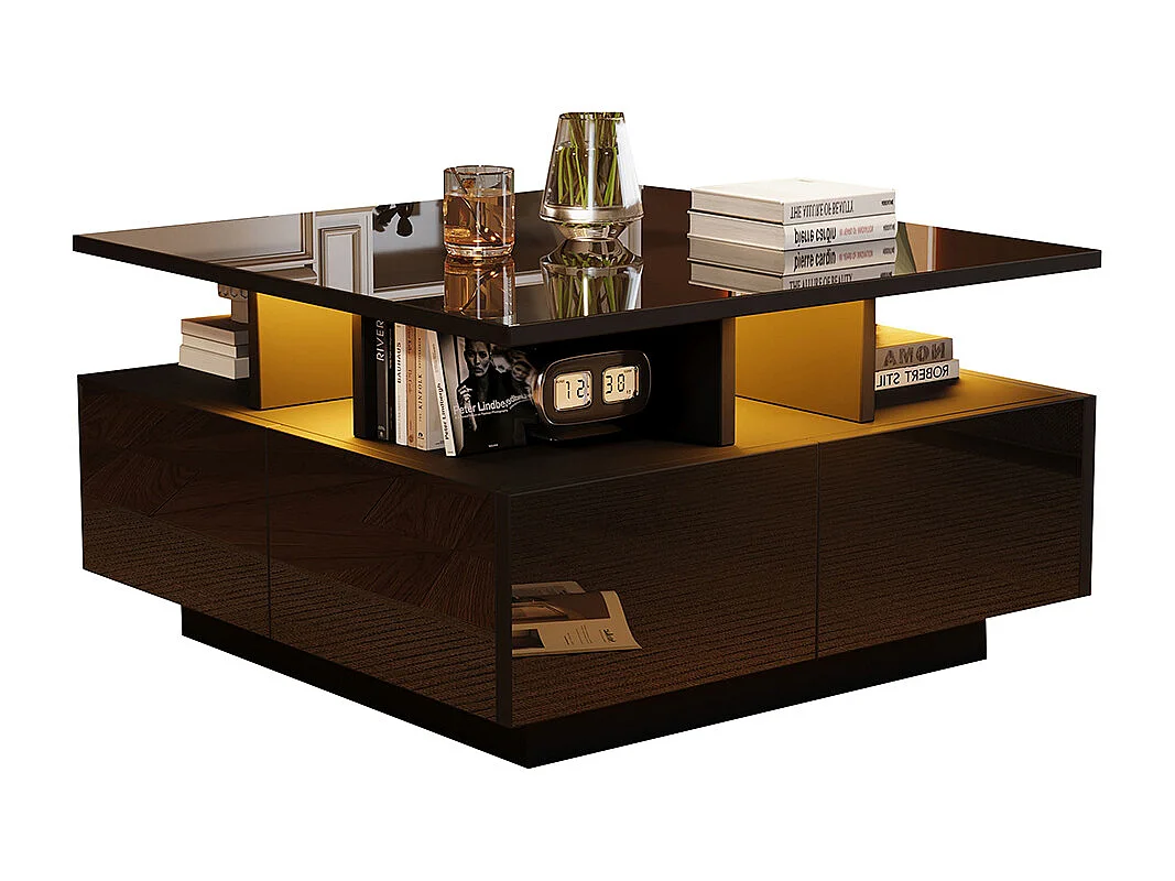 Table basse 70x70x40 cm noir brillante LED 4 tiroirs design géométrique charge 30 kg