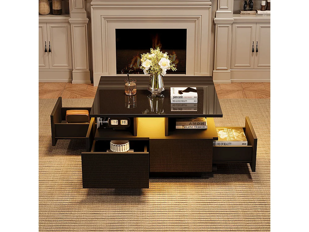 Table basse 70x70x40 cm noir brillante LED 4 tiroirs design géométrique charge 30 kg