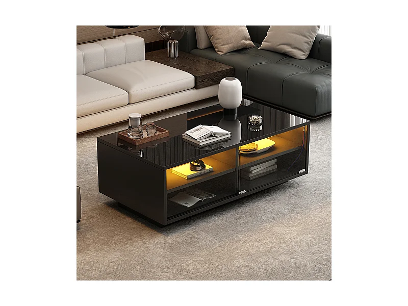 Salontafel LED 94x50x34 cm zwart glanzend gehard glas 2 lades glazen deur draagvermogen 30 kg