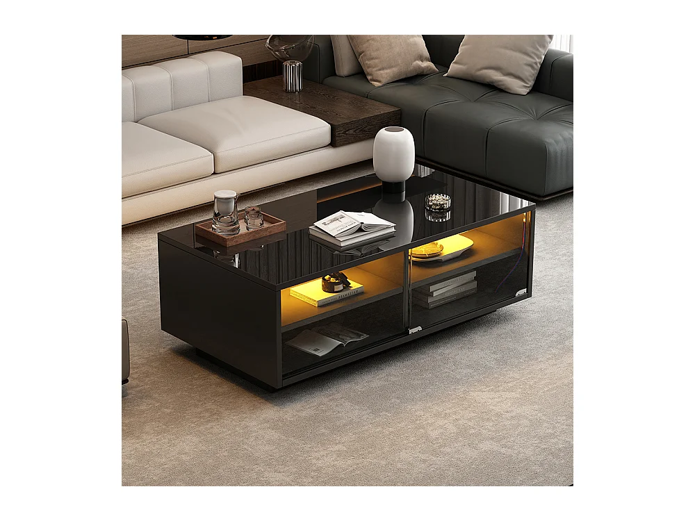 Table basse LED 94x50x34 cm noir brillante verre trempé 2 tiroirs porte vitrée charge 30 kg