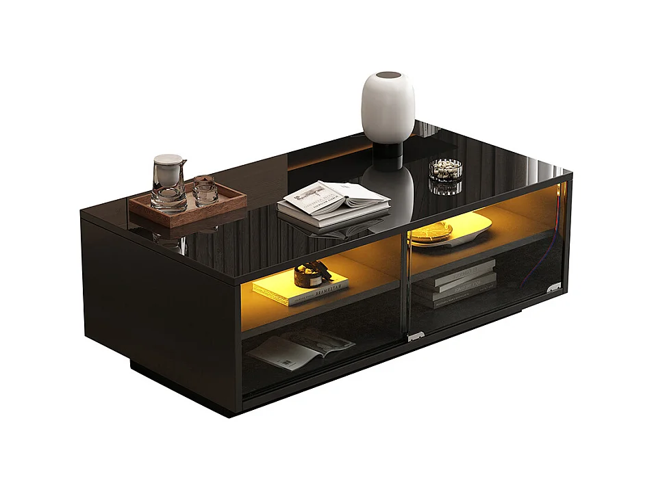 Table basse LED 94x50x34 cm noir brillante verre trempé 2 tiroirs porte vitrée charge 30 kg