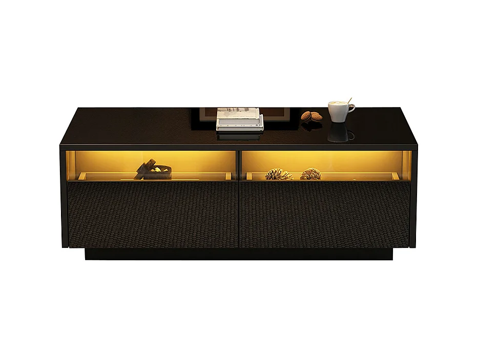 Table basse LED 94x50x34 cm noir brillante verre trempé 2 tiroirs porte vitrée charge 30 kg