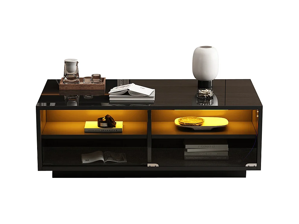 Table basse LED 94x50x34 cm noir brillante verre trempé 2 tiroirs porte vitrée charge 30 kg