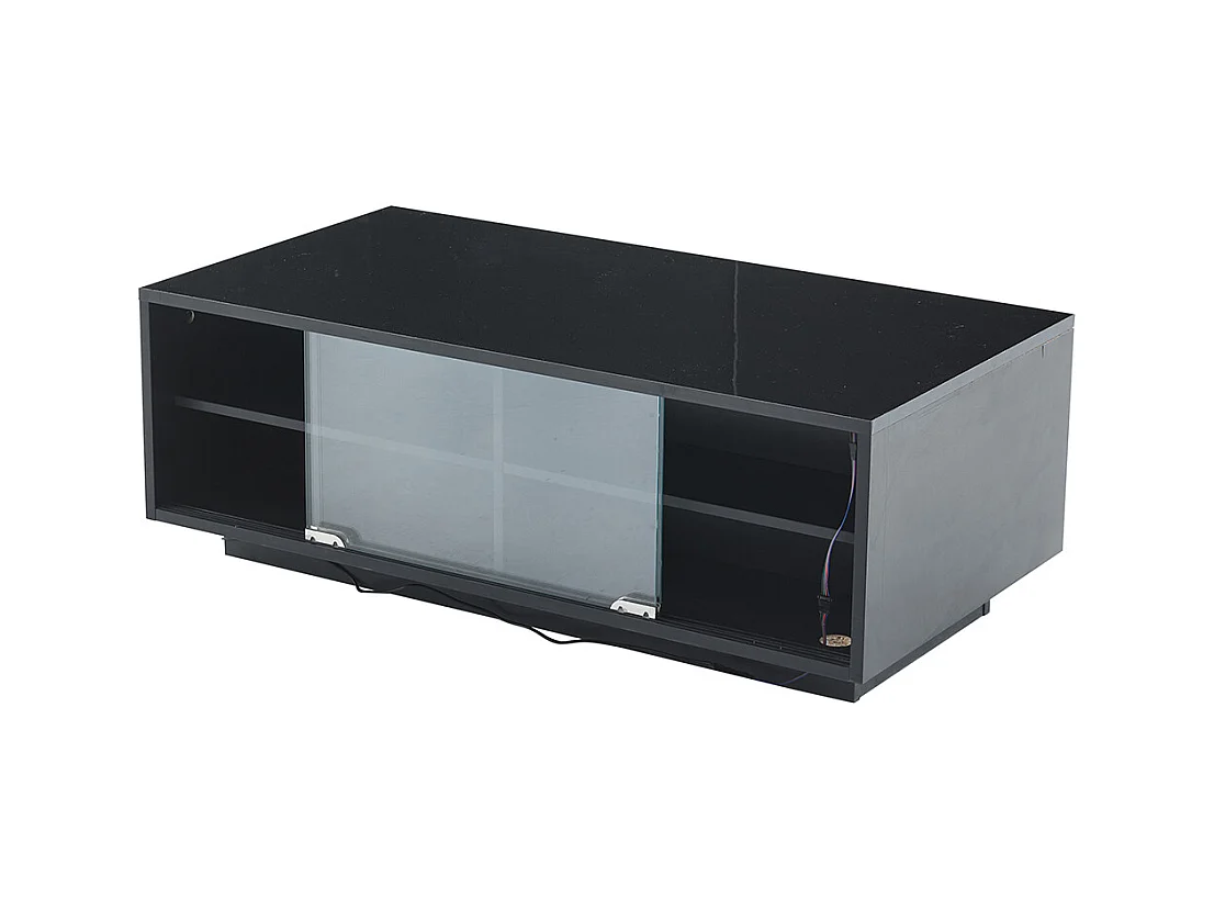 Table basse LED 94x50x34 cm noir brillante verre trempé 2 tiroirs porte vitrée charge 30 kg