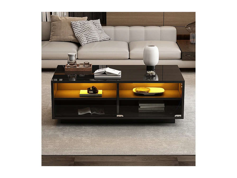 Table basse LED 94x50x34 cm noir brillante verre trempé 2 tiroirs porte vitrée charge 30 kg