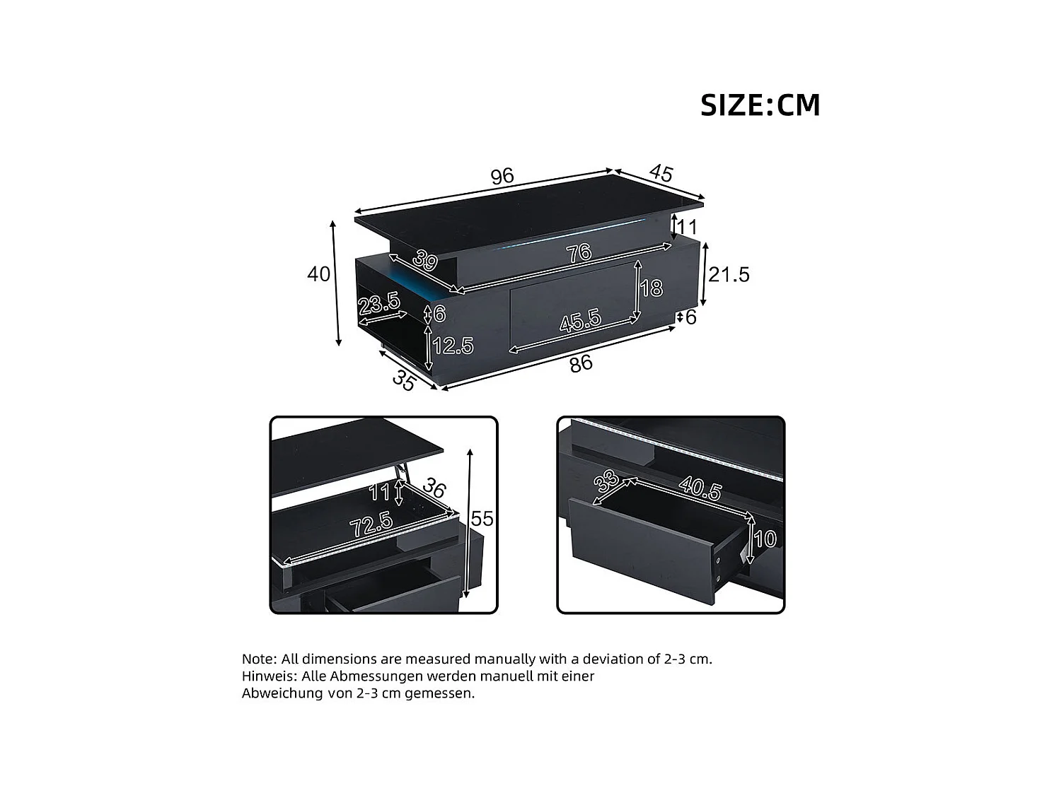 Table basse LED 94x50x34 cm noir brillante verre trempé 2 tiroirs porte vitrée charge 30 kg
